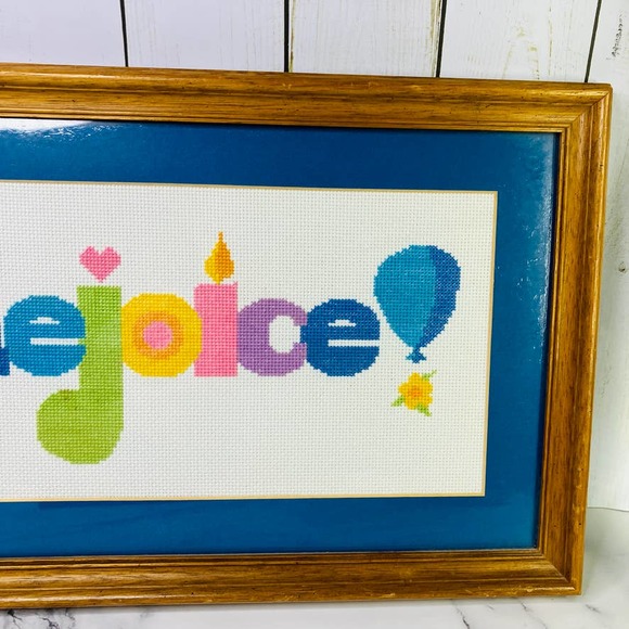 Rejoice Cross Stitch Framed Needlepoint Vintage Wall Decor 17x11 Rainbow 80s - Picture 5 of 9